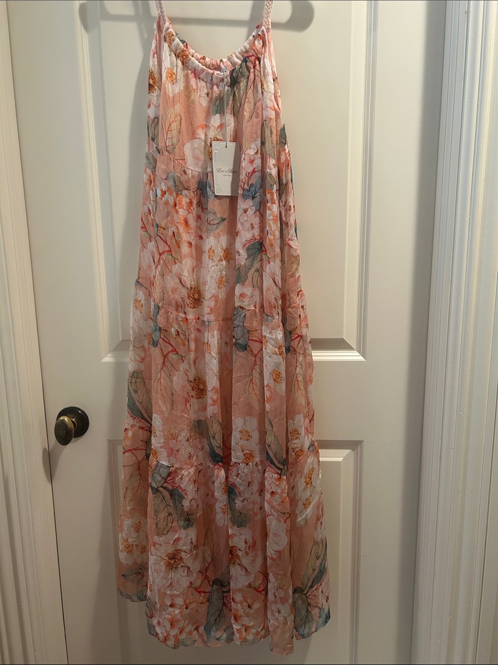 Elena Baldi Made in Italy Silk blend Floral Tiered Maxi Dress braided Straps L